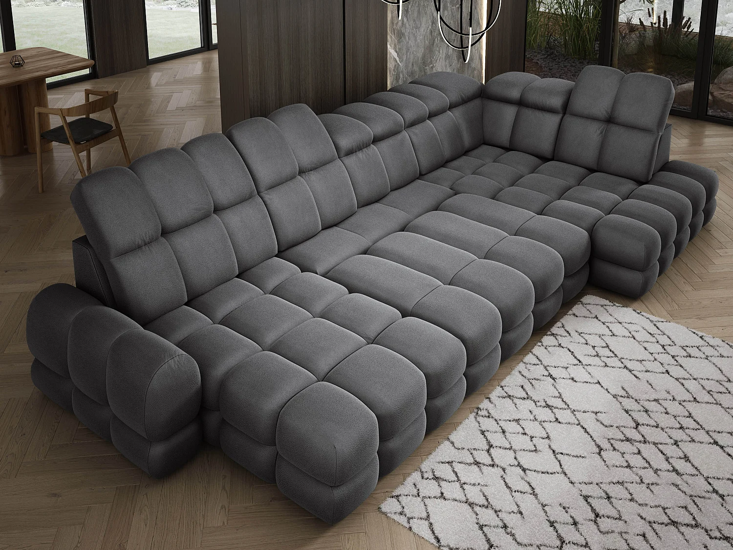 Canapé d’angle Tollo Gris tissu Solar côté droit 400x217x105 cm, U-Form avec couchage, coffre 120x85x17 cm, réglable électriquement