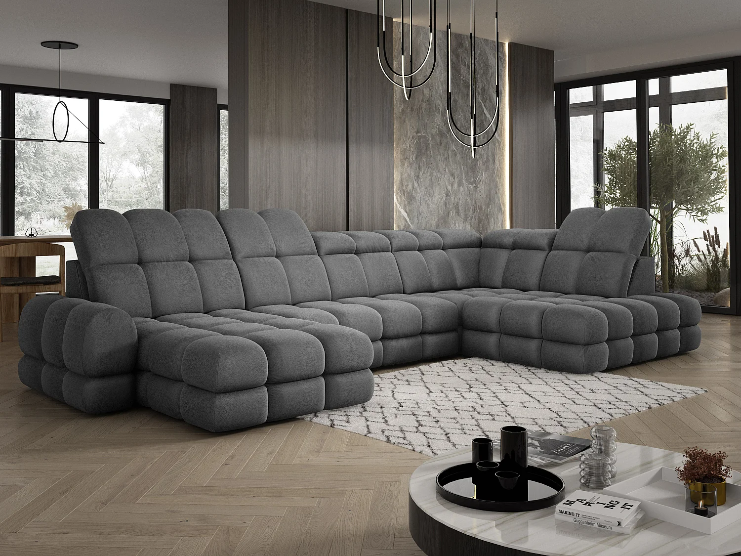 Canapé d’angle Tollo Gris tissu Solar côté droit 400x217x105 cm, U-Form avec couchage, coffre 120x85x17 cm, réglable électriquement