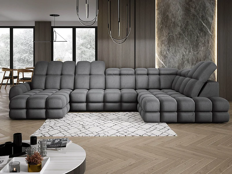 Canapé d’angle Tollo Gris tissu Solar côté droit 400x217x105 cm, U-Form avec couchage, coffre 120x85x17 cm, réglable électriquement