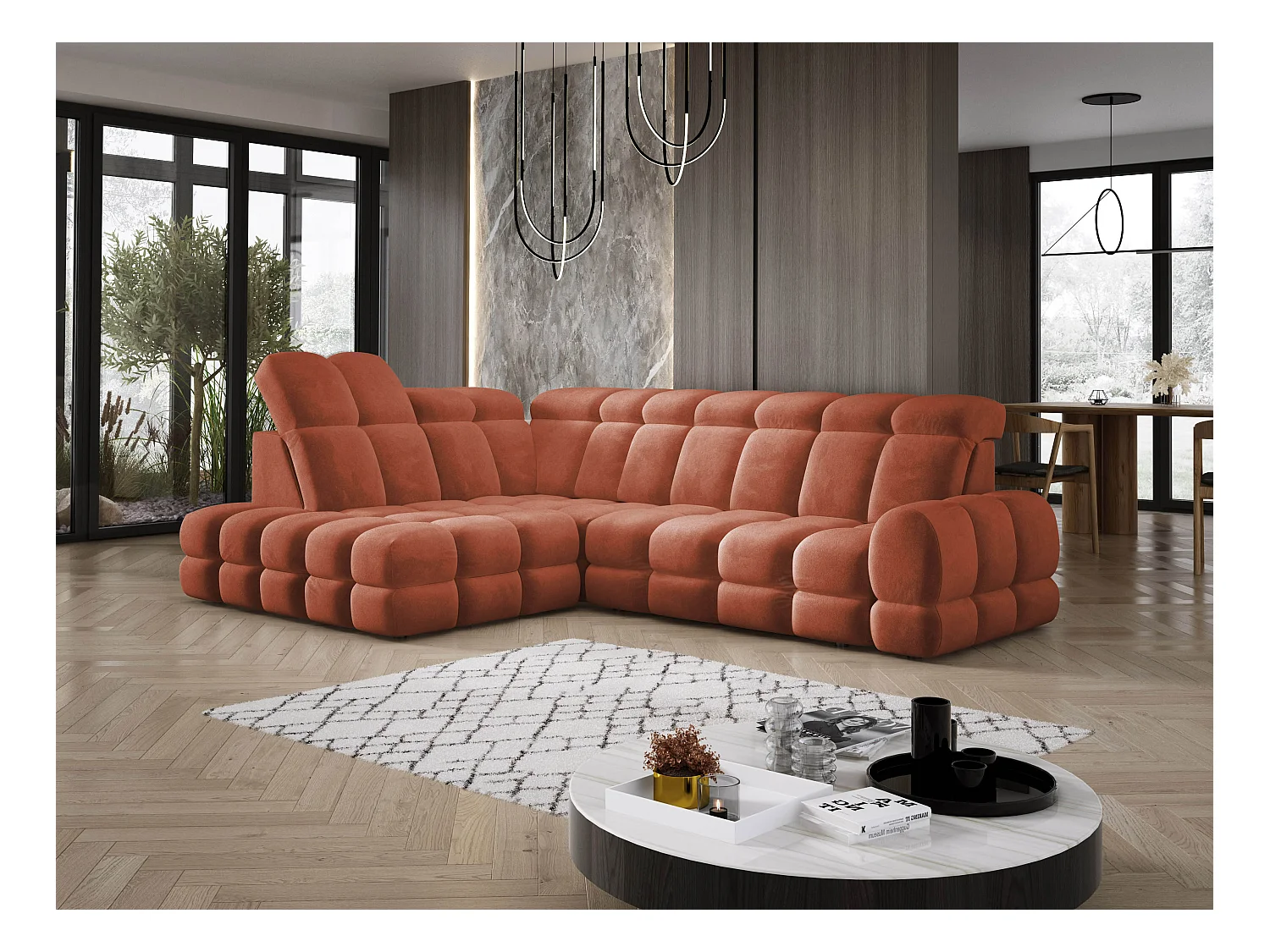 Canapé d'angle Tollo Rustique tissu Salvador côté gauche 302x217x105 cm, forme L, convertible, coffre 120x85x17 cm, réglage électrique