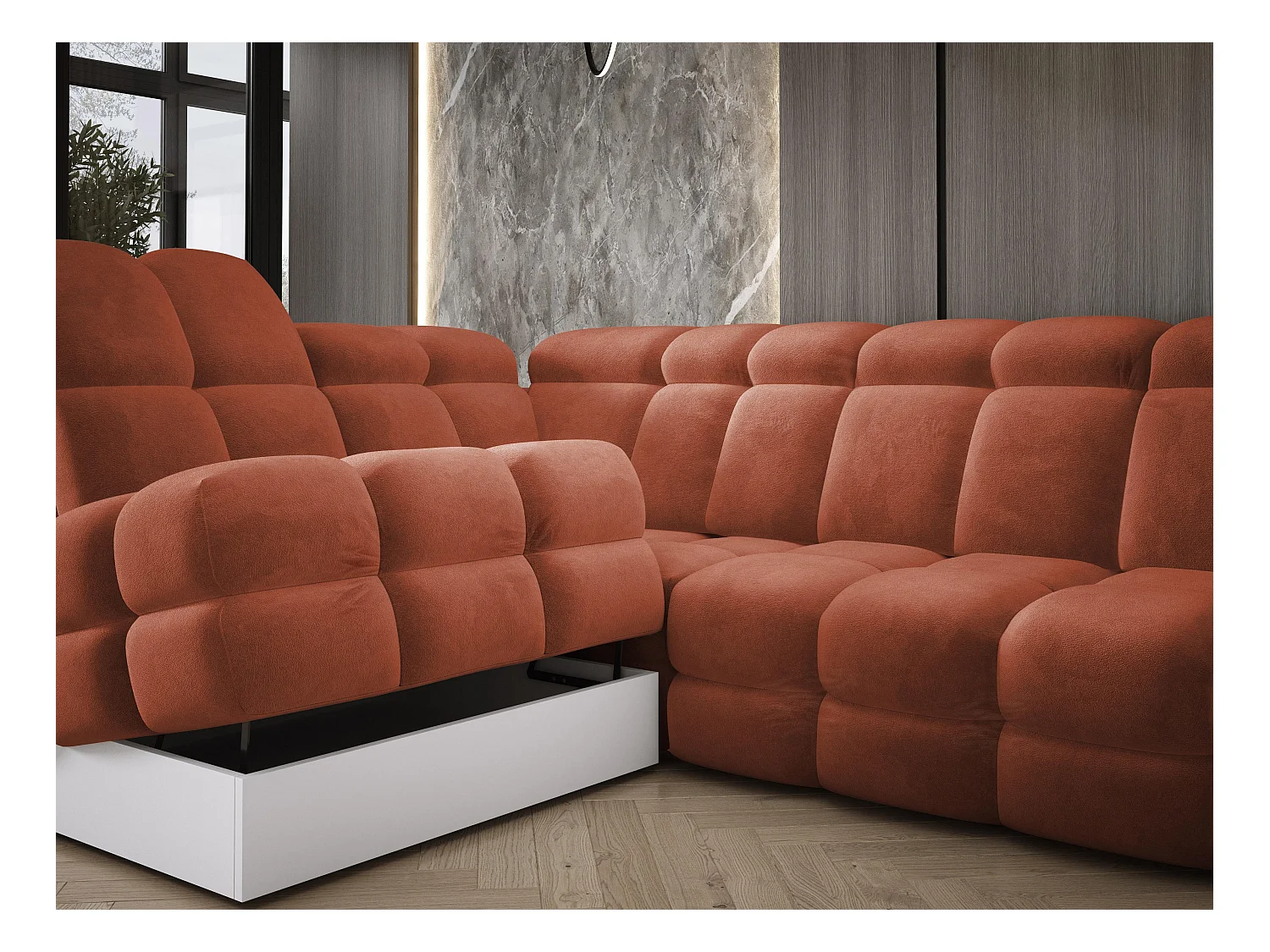 Canapé d'angle Tollo Rustique tissu Salvador côté gauche 302x217x105 cm, forme L, convertible, coffre 120x85x17 cm, réglage électrique