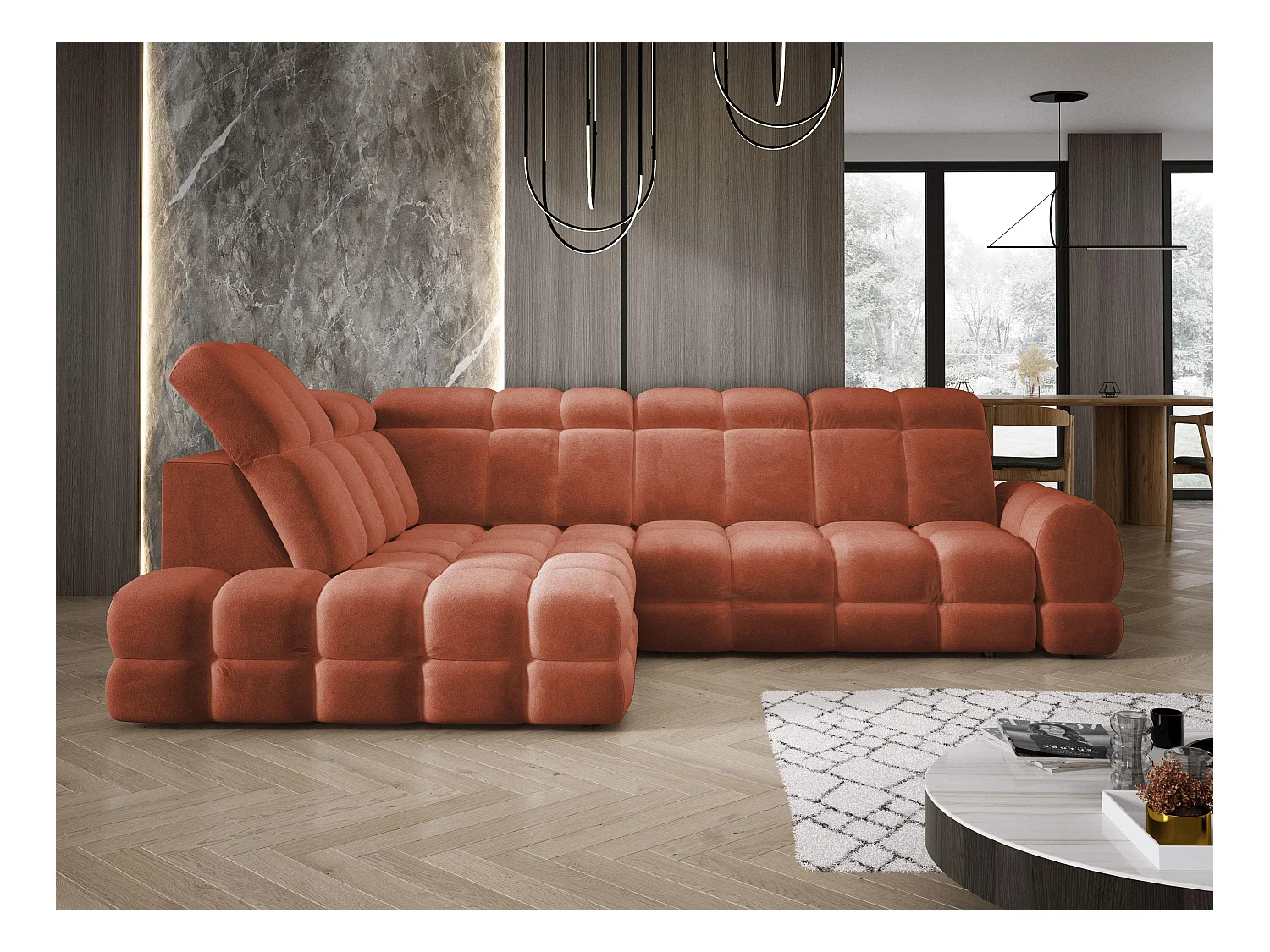 Canapé d'angle Tollo Rustique tissu Salvador côté gauche 302x217x105 cm, forme L, convertible, coffre 120x85x17 cm, réglage électrique