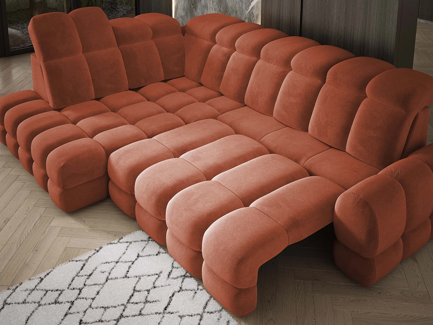 Canapé d'angle Tollo Rustique tissu Salvador côté gauche 302x217x105 cm, forme L, convertible, coffre 120x85x17 cm, réglage électrique