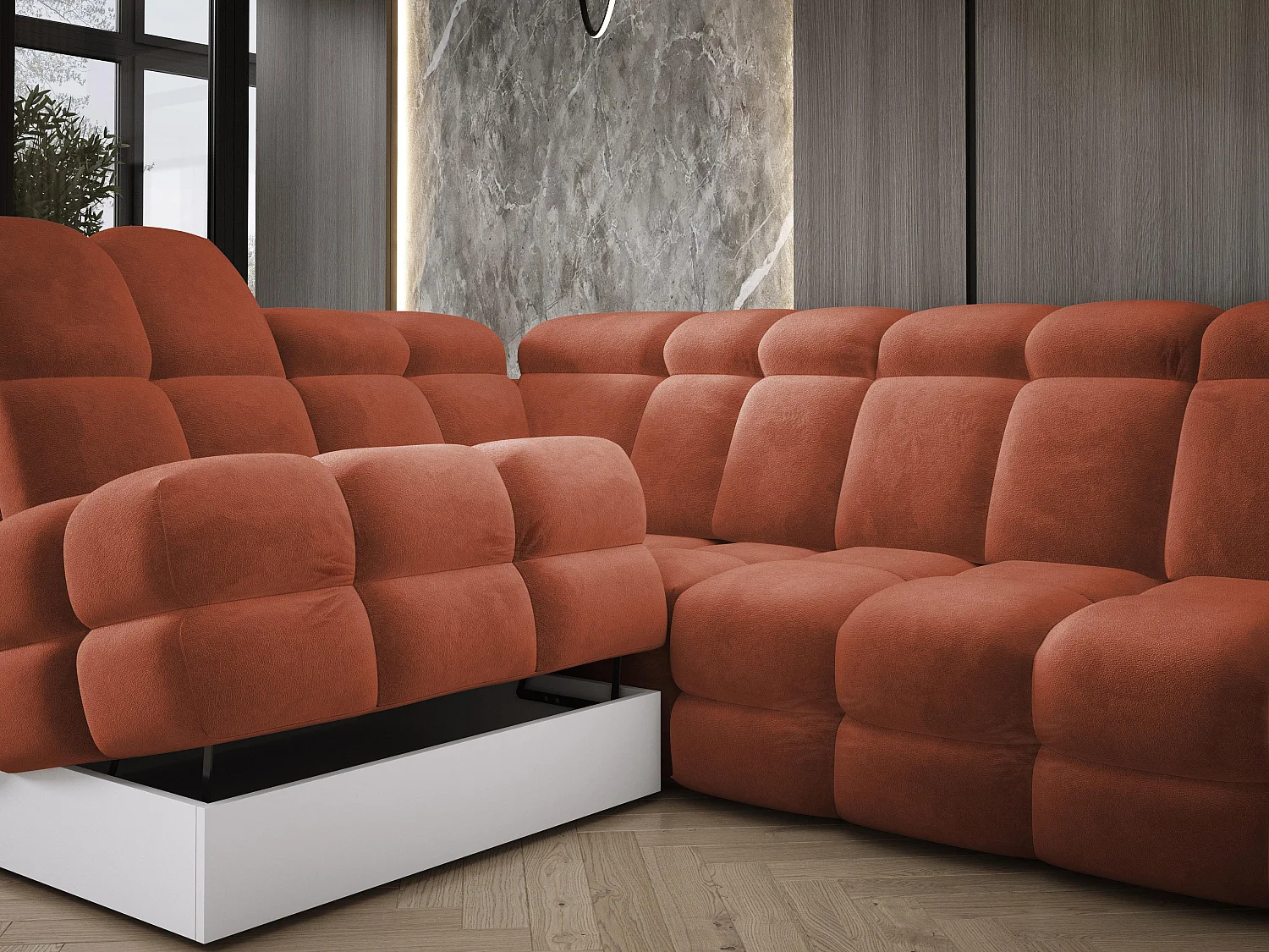 Canapé d'angle Tollo Rustique tissu Salvador côté gauche 302x217x105 cm, forme L, convertible, coffre 120x85x17 cm, réglage électrique