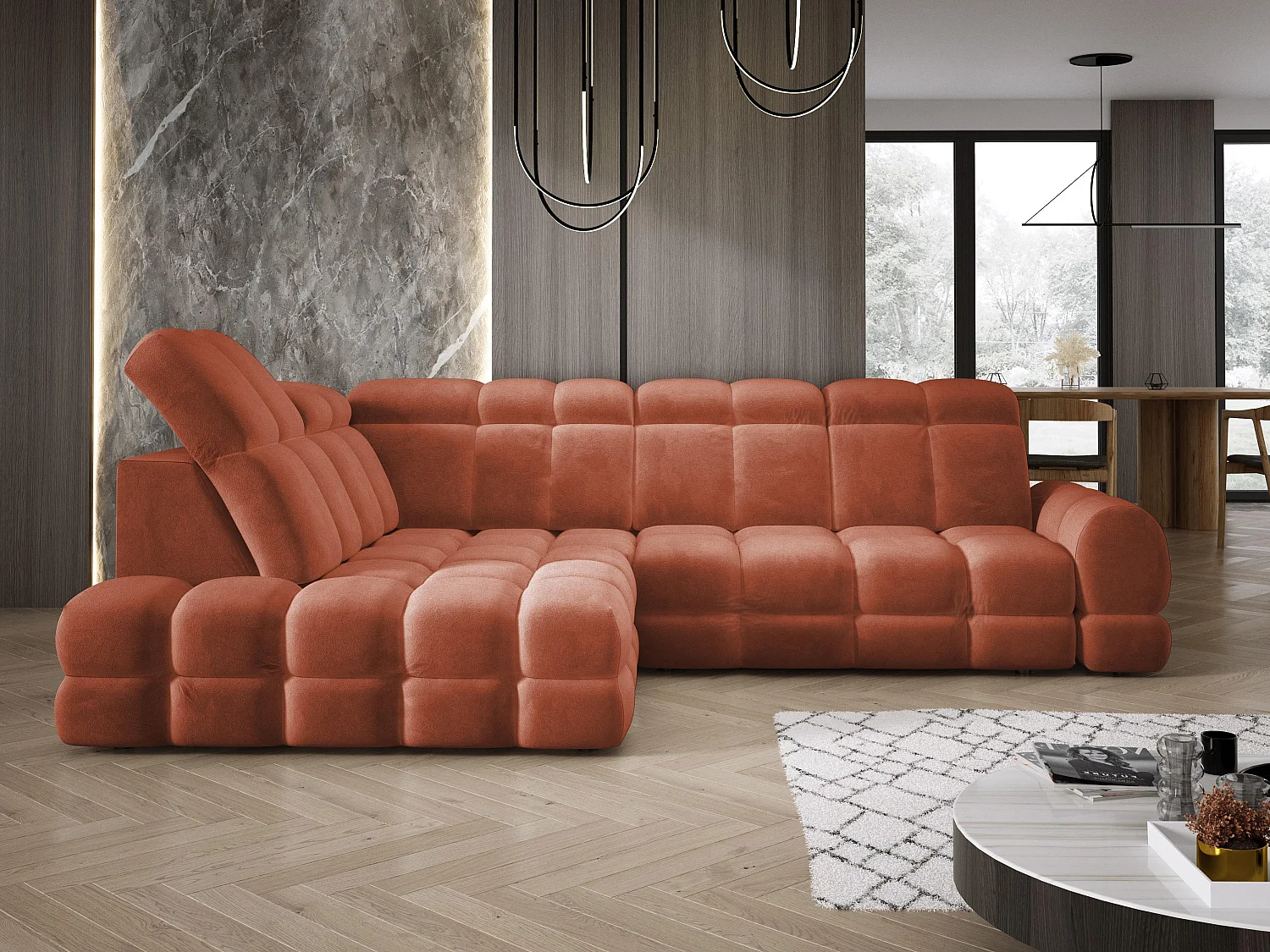 Canapé d'angle Tollo Rustique tissu Salvador côté gauche 302x217x105 cm, forme L, convertible, coffre 120x85x17 cm, réglage électrique