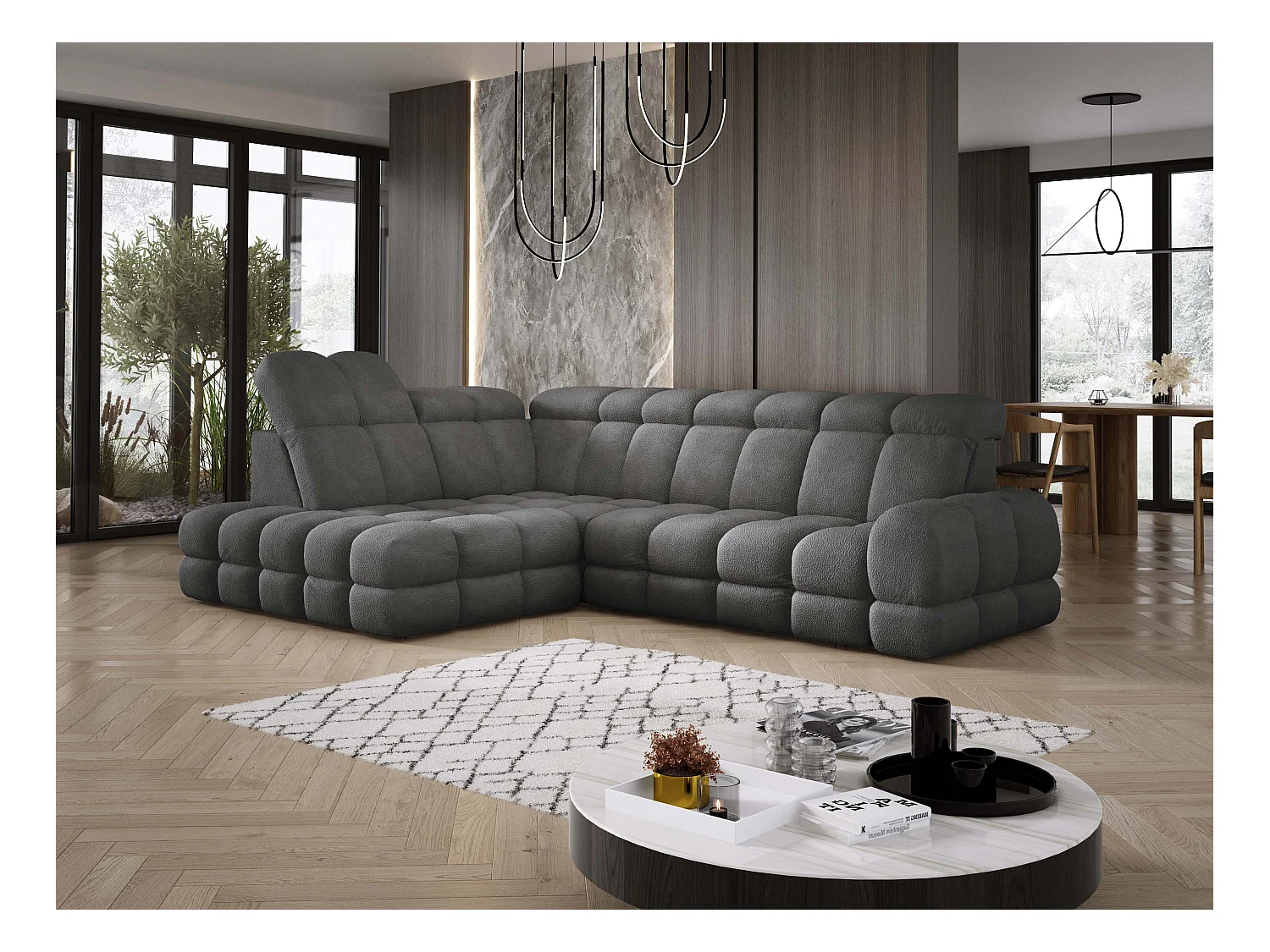 Canapé d'angle Tollo Graphite tissu Anthology côté gauche 302x217x105 cm, forme L, convertible, coffre 120x85x17 cm, réglable électriquement