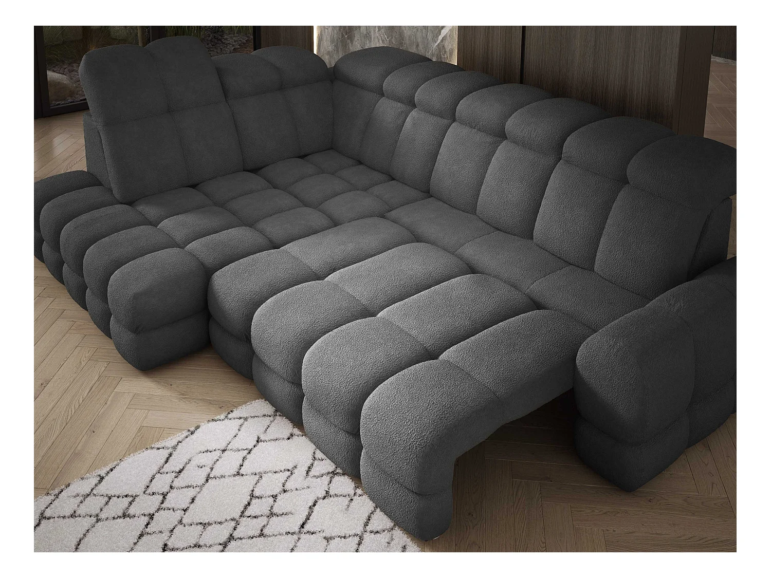 Canapé d'angle Tollo Graphite tissu Anthology côté gauche 302x217x105 cm, forme L, convertible, coffre 120x85x17 cm, réglable électriquement