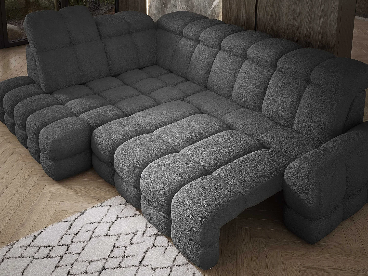 Canapé d'angle Tollo Graphite tissu Anthology côté gauche 302x217x105 cm, forme L, convertible, coffre 120x85x17 cm, réglable électriquement