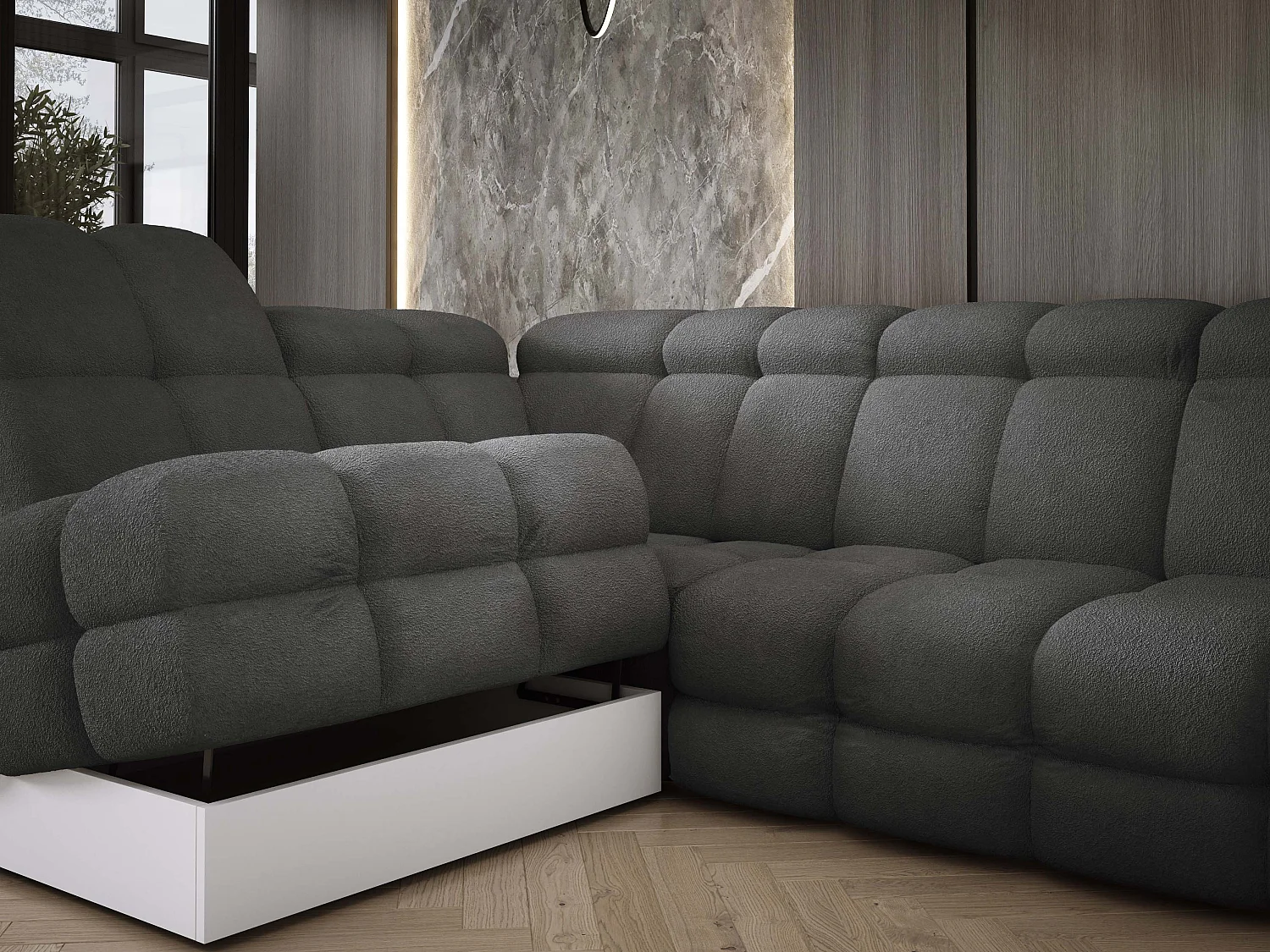 Canapé d'angle Tollo Graphite tissu Anthology côté gauche 302x217x105 cm, forme L, convertible, coffre 120x85x17 cm, réglable électriquement