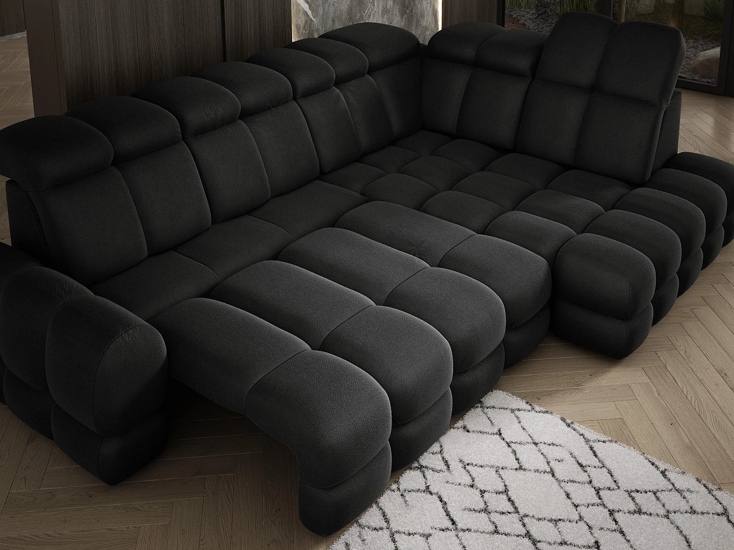 Canapé d'angle Tollo Anthracite tissu Solar côté droit 302x217x105 cm, forme L, convertible, coffre 120x85x17 cm, réglage électrique