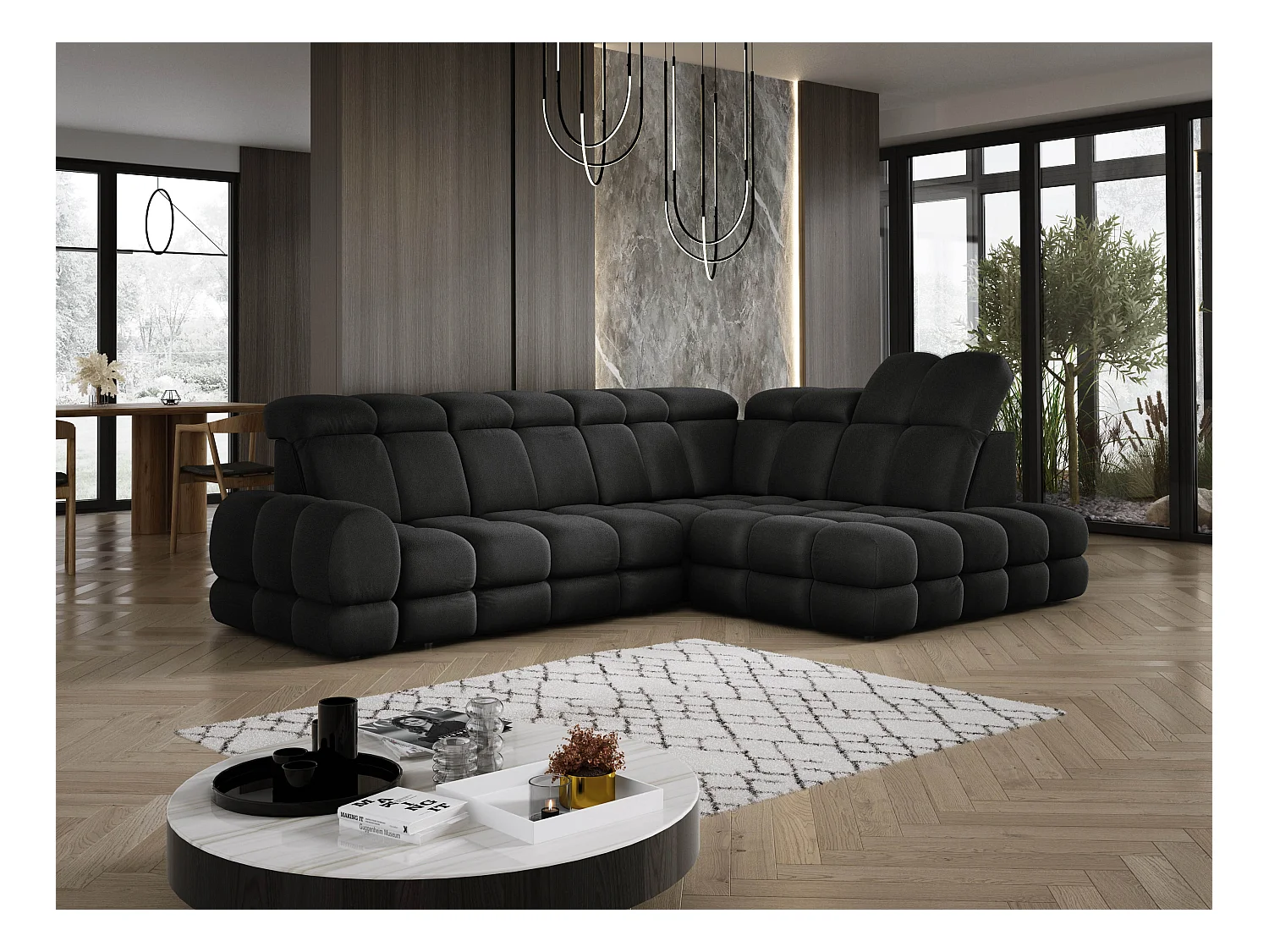 Ecksofa Tollo Anthrazit Solar-Stoff rechts 302x217x105 cm, L-Form, Schlaffunktion, Bettkasten 120x85x17 cm, elektrisch verstellbar