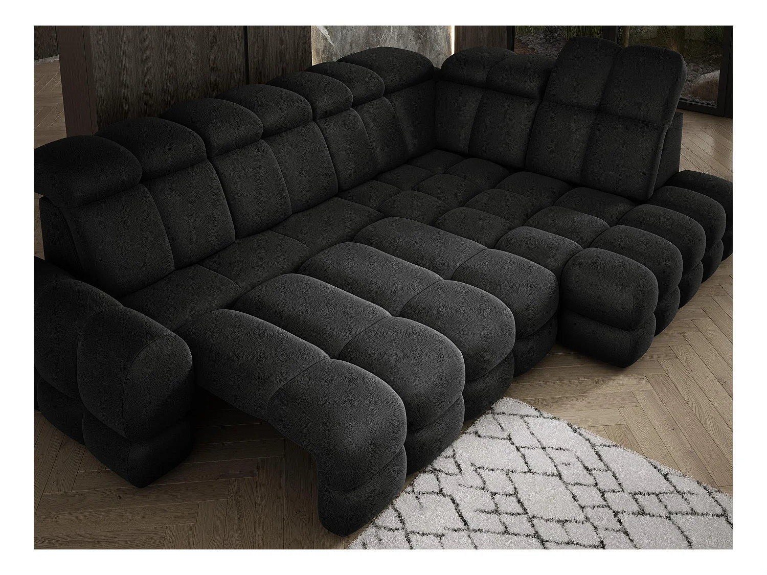 Ecksofa Tollo Anthrazit Solar-Stoff rechts 302x217x105 cm, L-Form, Schlaffunktion, Bettkasten 120x85x17 cm, elektrisch verstellbar