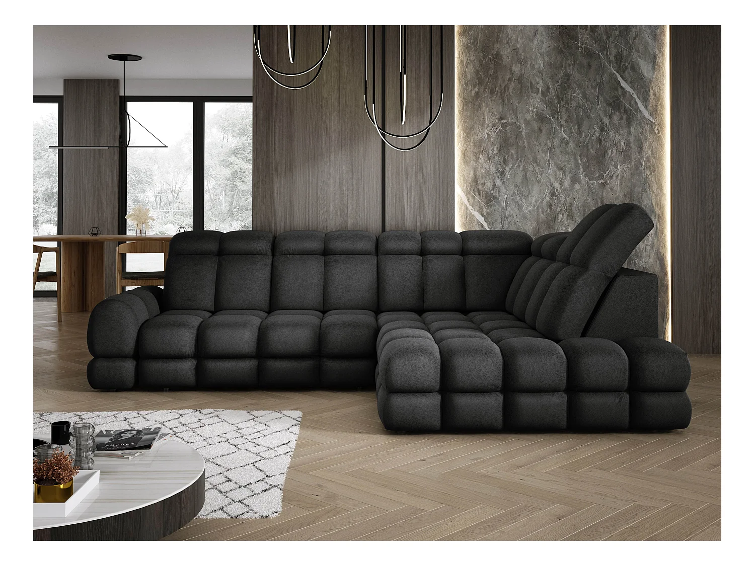 Ecksofa Tollo Anthrazit Solar-Stoff rechts 302x217x105 cm, L-Form, Schlaffunktion, Bettkasten 120x85x17 cm, elektrisch verstellbar