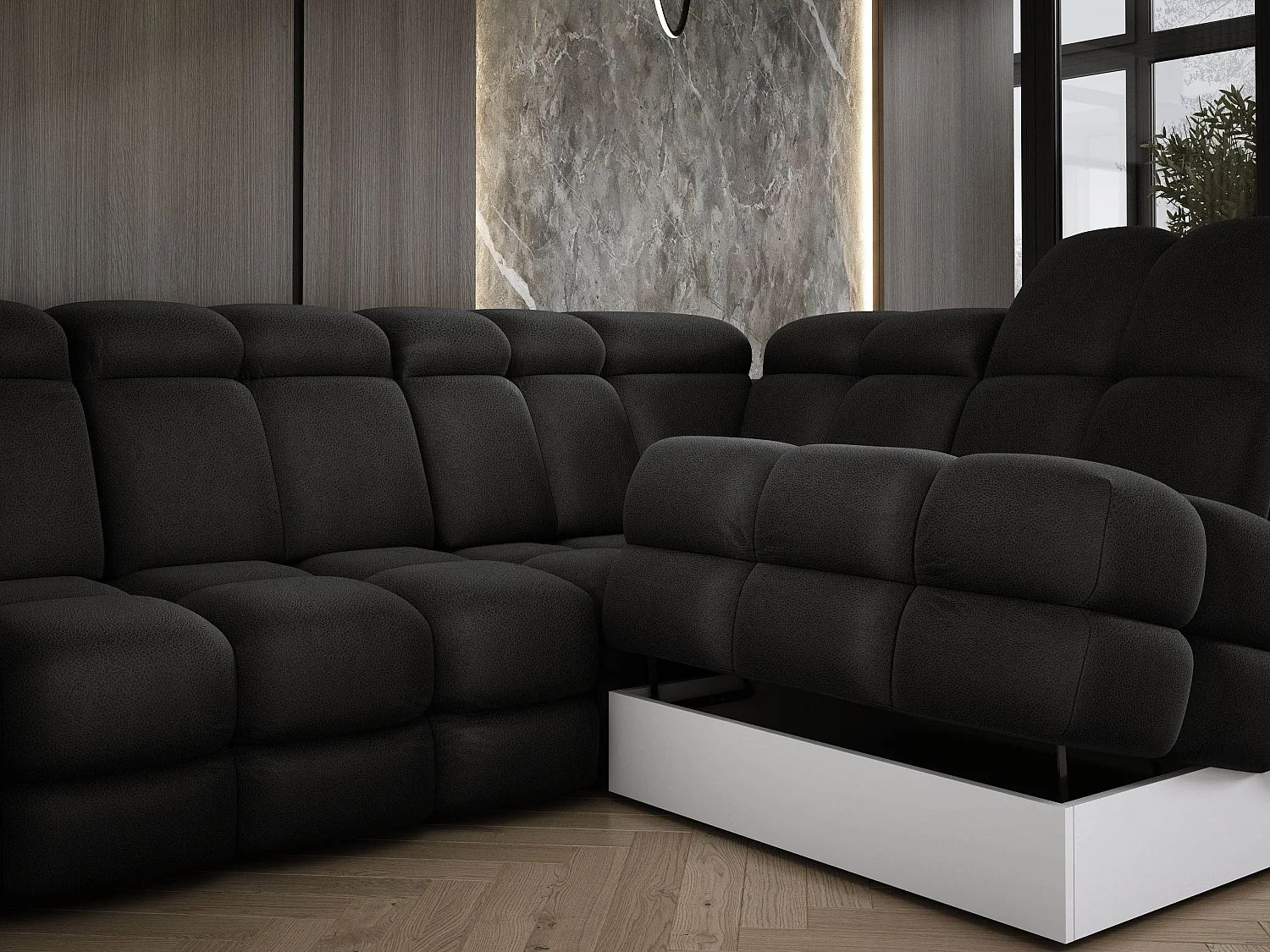 Canapé d'angle Tollo Anthracite tissu Solar côté droit 302x217x105 cm, forme L, convertible, coffre 120x85x17 cm, réglage électrique