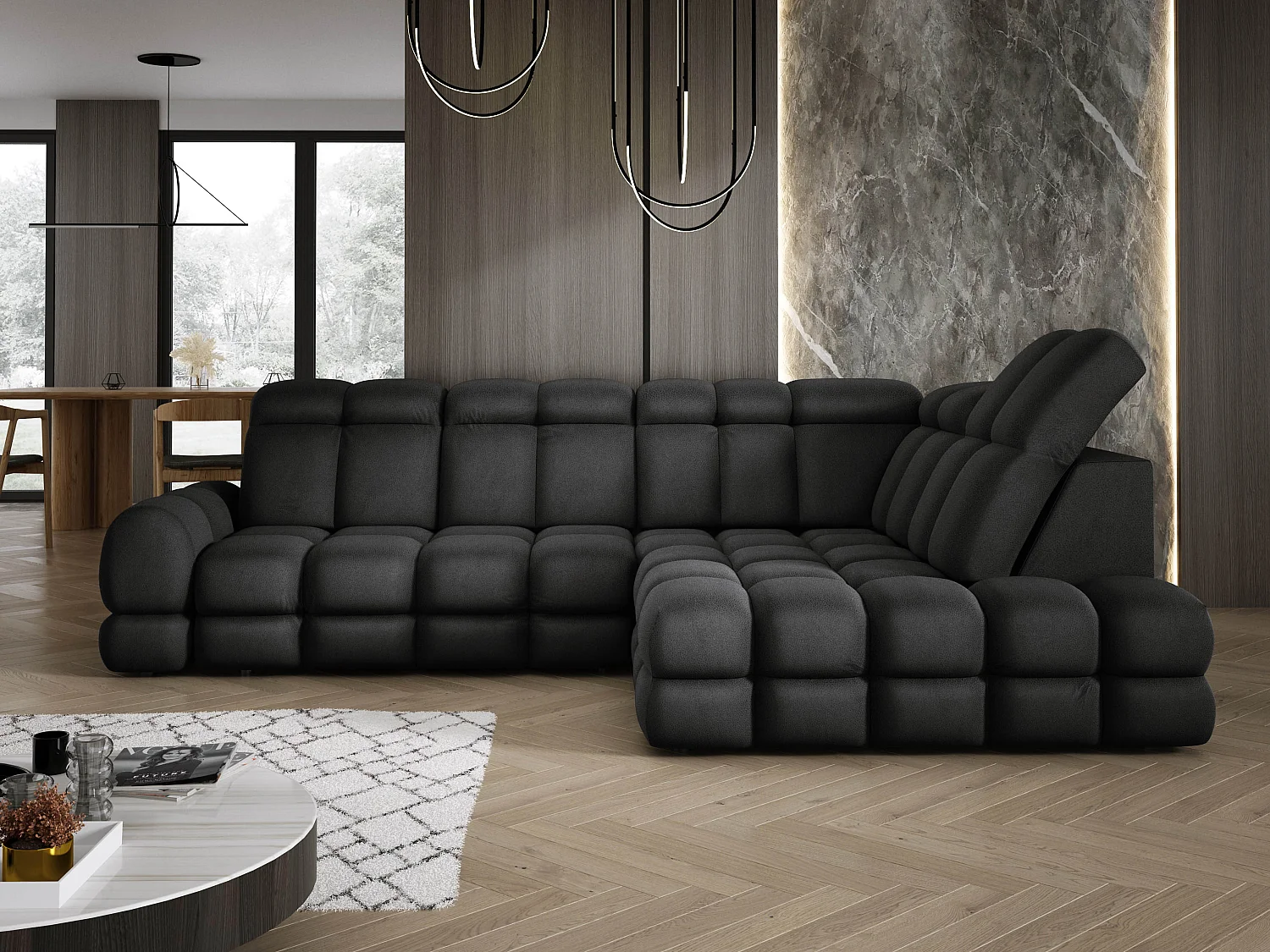 Canapé d'angle Tollo Anthracite tissu Solar côté droit 302x217x105 cm, forme L, convertible, coffre 120x85x17 cm, réglage électrique