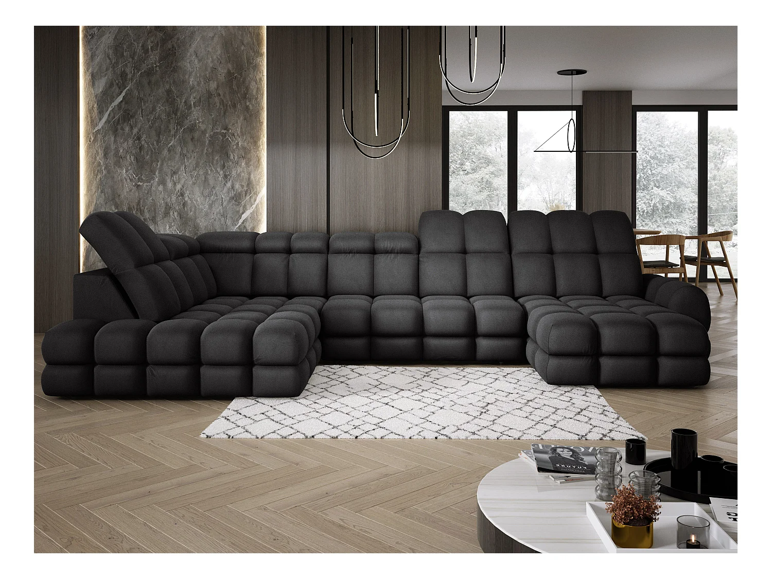 Ecksofa Tollo Anthrazit Solar-Stoff Links 400x217x105 cm, U-Form, Schlaffunktion, Bettkasten 120x85x17 cm, elektrisch verstellbar