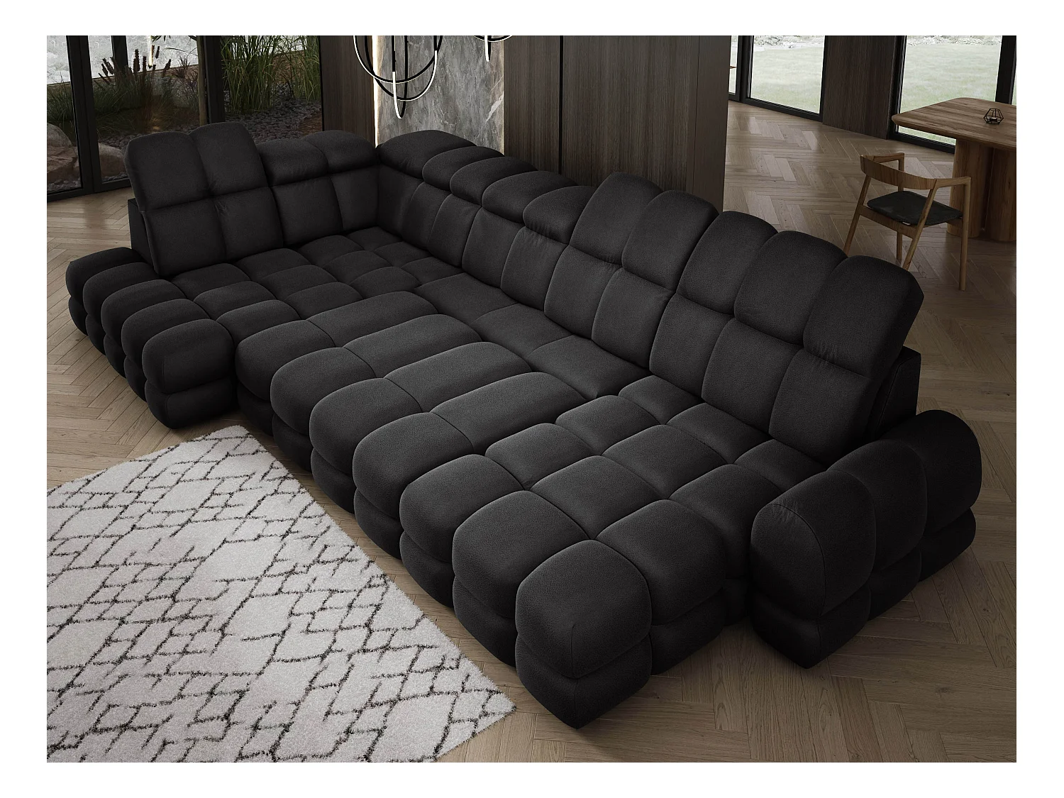 Ecksofa Tollo Anthrazit Solar-Stoff Links 400x217x105 cm, U-Form, Schlaffunktion, Bettkasten 120x85x17 cm, elektrisch verstellbar