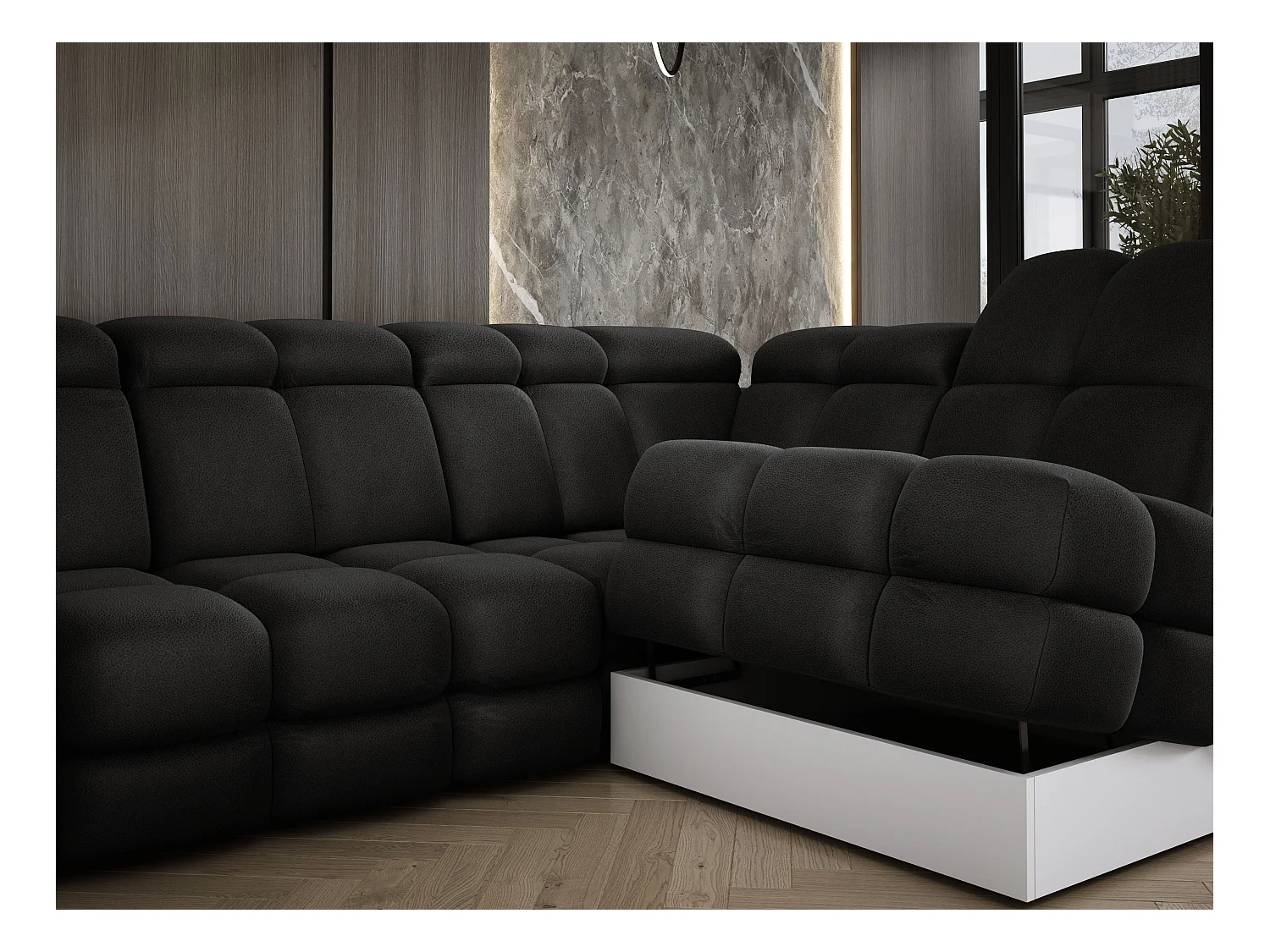 Ecksofa Tollo Anthrazit Solar-Stoff Links 400x217x105 cm, U-Form, Schlaffunktion, Bettkasten 120x85x17 cm, elektrisch verstellbar