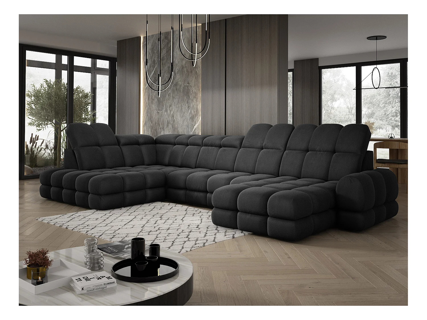 Ecksofa Tollo Anthrazit Solar-Stoff Links 400x217x105 cm, U-Form, Schlaffunktion, Bettkasten 120x85x17 cm, elektrisch verstellbar