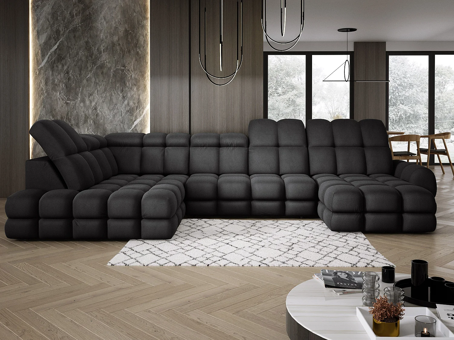 Ecksofa Tollo Anthrazit Solar-Stoff Links 400x217x105 cm, U-Form, Schlaffunktion, Bettkasten 120x85x17 cm, elektrisch verstellbar