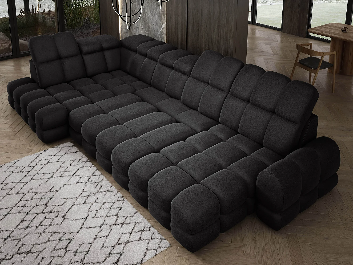 Ecksofa Tollo Anthrazit Solar-Stoff Links 400x217x105 cm, U-Form, Schlaffunktion, Bettkasten 120x85x17 cm, elektrisch verstellbar