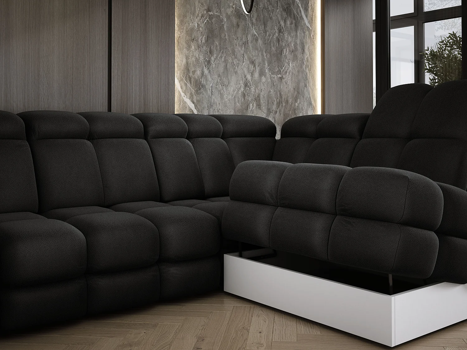 Ecksofa Tollo Anthrazit Solar-Stoff Links 400x217x105 cm, U-Form, Schlaffunktion, Bettkasten 120x85x17 cm, elektrisch verstellbar