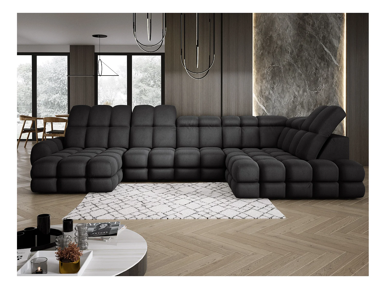 Canapé d’angle Tollo Anthracite tissu Solar côté droit 400x217x105 cm, U-Form avec couchage, coffre 120x85x17 cm, réglable électriquement