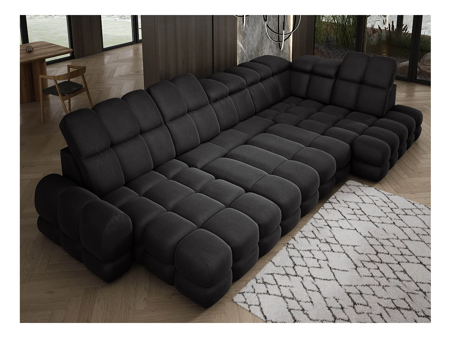 Canapé d’angle Tollo Anthracite tissu Solar côté droit 400x217x105 cm, U-Form avec couchage, coffre 120x85x17 cm, réglable électriquement