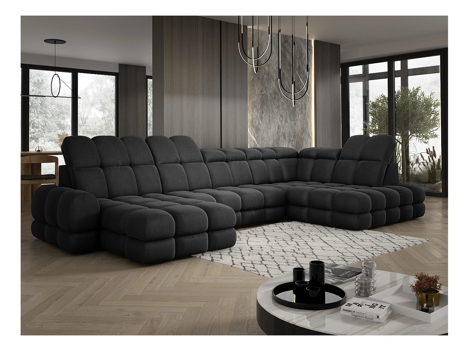 Canapé d’angle Tollo Anthracite tissu Solar côté droit 400x217x105 cm, U-Form avec couchage, coffre 120x85x17 cm, réglable électriquement