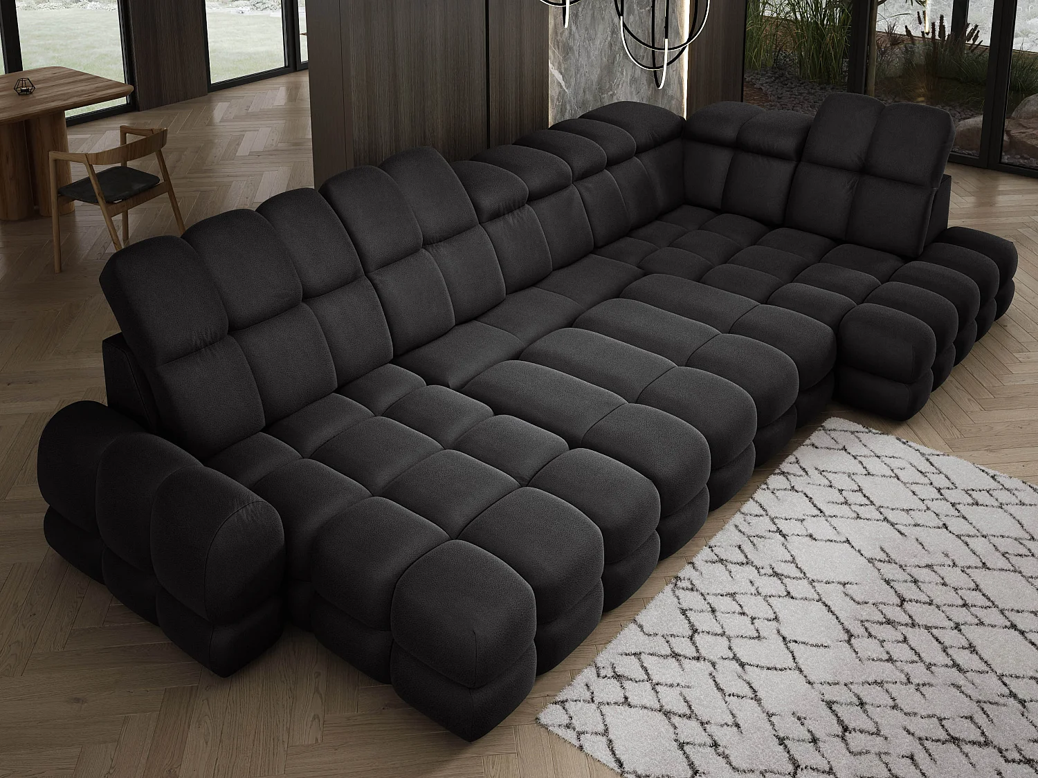 Ecksofa Tollo Anthrazit Solar-Stoff Rechts 400x217x105 cm, U-Form, Schlaffunktion, Bettkasten 120x85x17 cm, elektrisch verstellbar