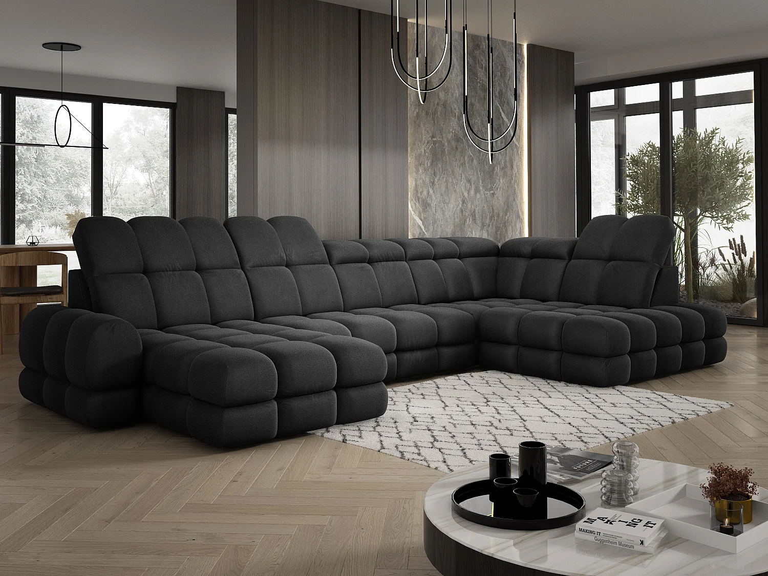 Ecksofa Tollo Anthrazit Solar-Stoff Rechts 400x217x105 cm, U-Form, Schlaffunktion, Bettkasten 120x85x17 cm, elektrisch verstellbar