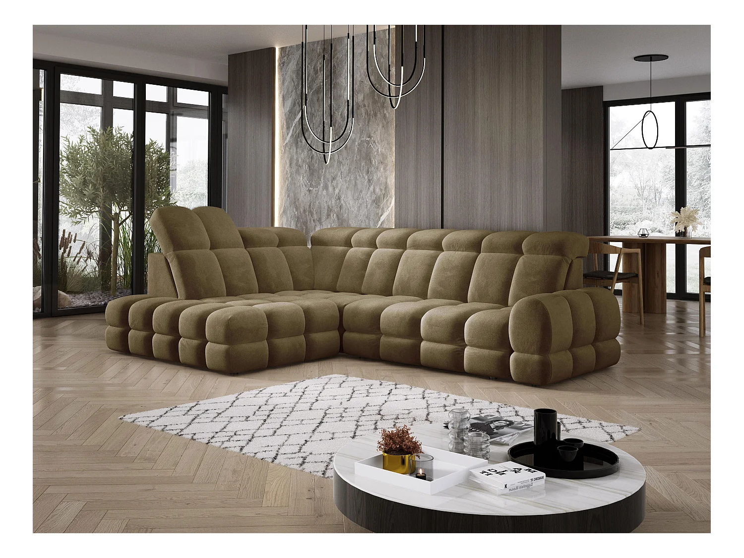 Narożnik Tollo Oliwkowy Salvador-Tkanina Lewa 302x217x105 cm, Sofa L z funkcją spania, pojemnik 120x85x17 cm, elektryczna regulacja