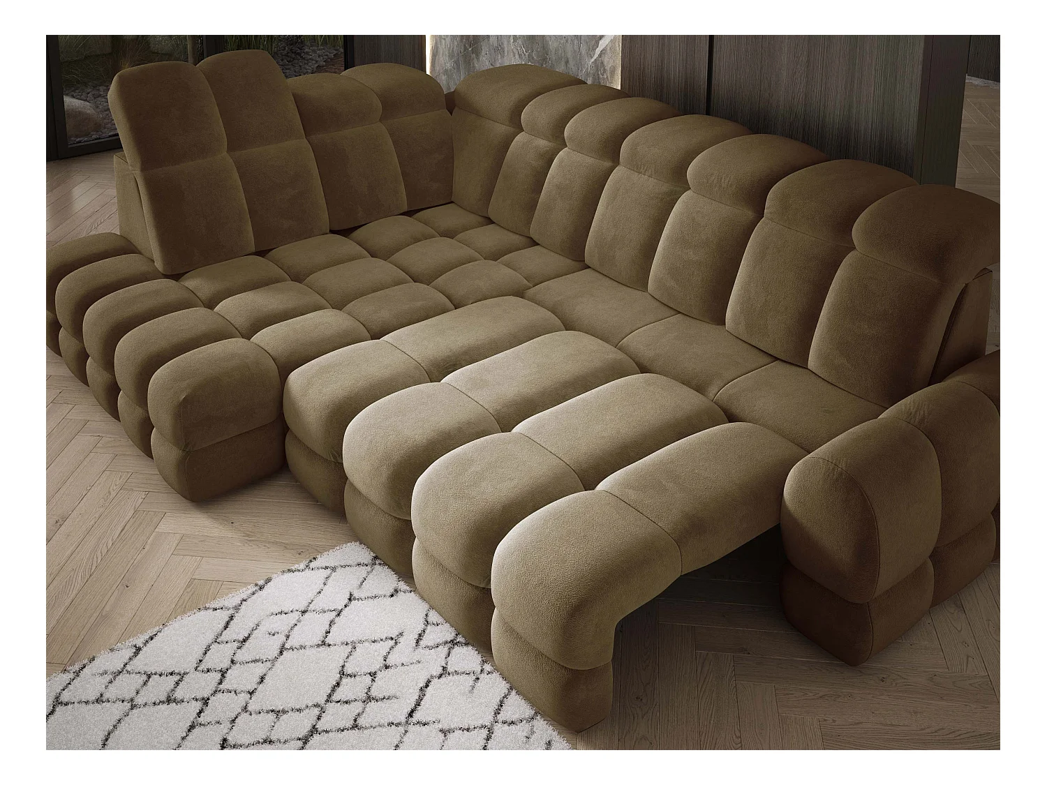 Narożnik Tollo Oliwkowy Salvador-Tkanina Lewa 302x217x105 cm, Sofa L z funkcją spania, pojemnik 120x85x17 cm, elektryczna regulacja