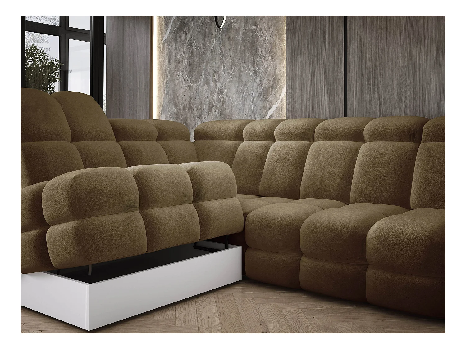 Narożnik Tollo Oliwkowy Salvador-Tkanina Lewa 302x217x105 cm, Sofa L z funkcją spania, pojemnik 120x85x17 cm, elektryczna regulacja