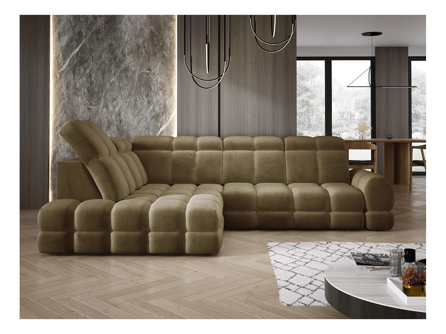 Narożnik Tollo Oliwkowy Salvador-Tkanina Lewa 302x217x105 cm, Sofa L z funkcją spania, pojemnik 120x85x17 cm, elektryczna regulacja