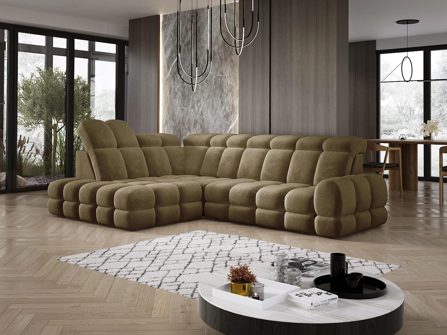 Canapé d'angle Tollo Vert Olive tissu Salvador côté gauche 302x217x105 cm, forme L, convertible, coffre 120x85x17 cm, réglage électrique