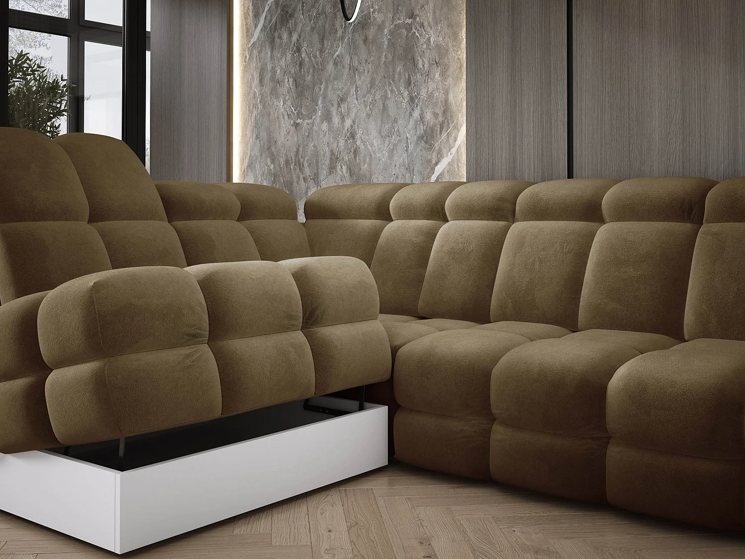 Canapé d'angle Tollo Vert Olive tissu Salvador côté gauche 302x217x105 cm, forme L, convertible, coffre 120x85x17 cm, réglage électrique