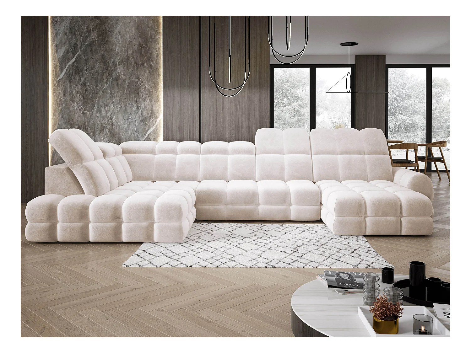 Narożnik Tollo w układzie U Lewostronny 400x217x105 cm, funkcja spania regulowany elektrycznie kolor Kremowy Tkanina - SALVADOR