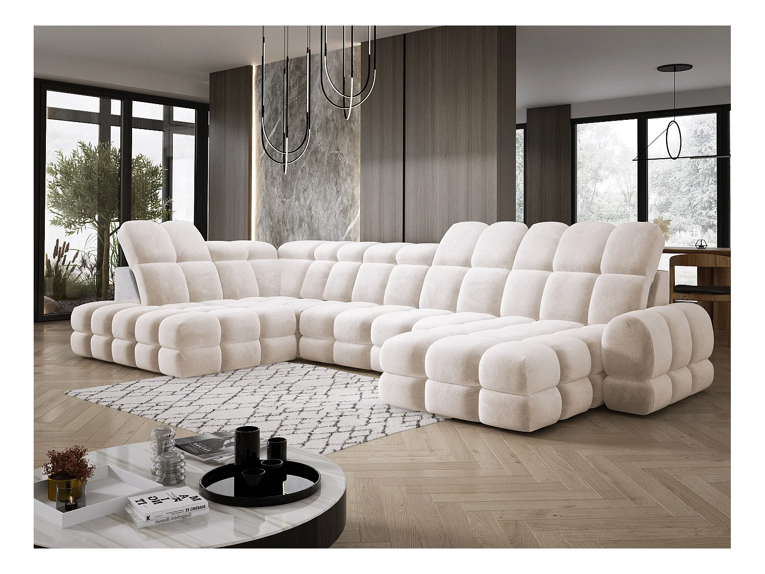 Narożnik Tollo w układzie U Lewostronny 400x217x105 cm, funkcja spania regulowany elektrycznie kolor Kremowy Tkanina - SALVADOR