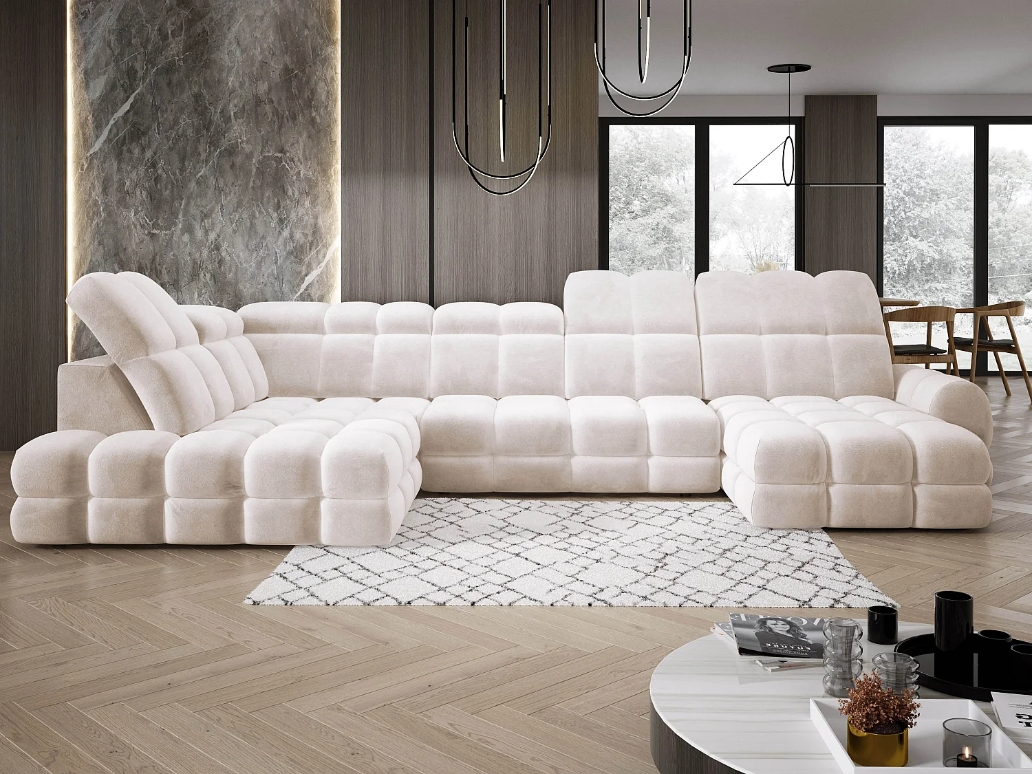 Canapé d’angle Tollo Crème tissu Salvador côté gauche 400x217x105 cm, U-Form avec couchage, coffre 120x85x17 cm, réglable électriquement