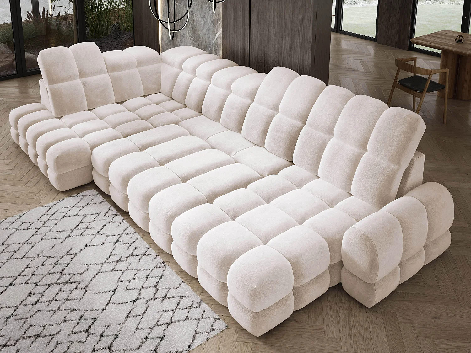 Canapé d’angle Tollo Crème tissu Salvador côté gauche 400x217x105 cm, U-Form avec couchage, coffre 120x85x17 cm, réglable électriquement