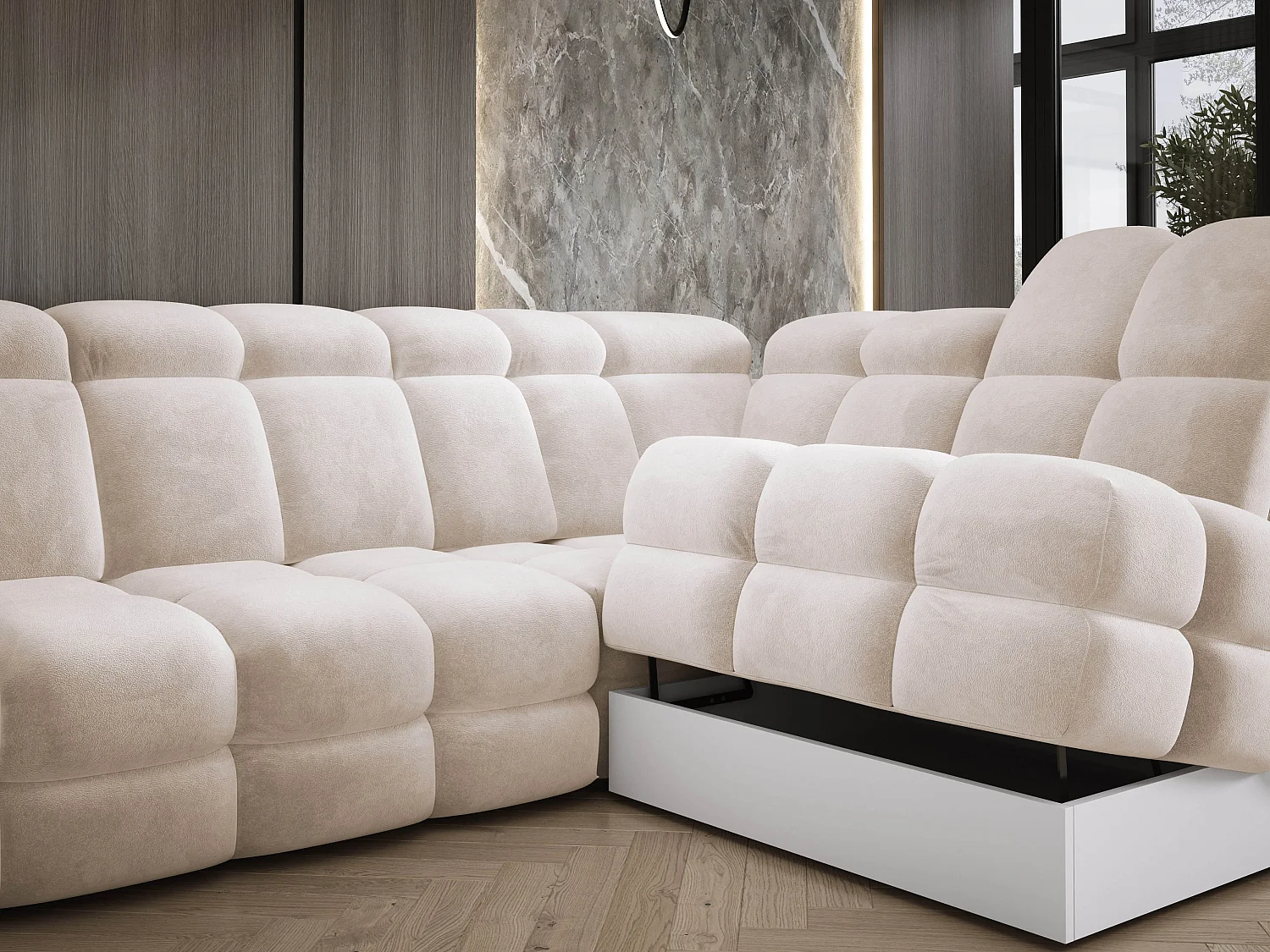 Canapé d’angle Tollo Crème tissu Salvador côté gauche 400x217x105 cm, U-Form avec couchage, coffre 120x85x17 cm, réglable électriquement