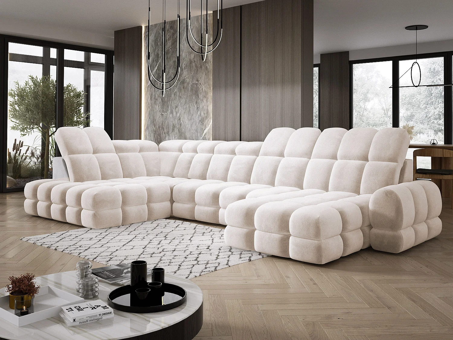 Canapé d’angle Tollo Crème tissu Salvador côté gauche 400x217x105 cm, U-Form avec couchage, coffre 120x85x17 cm, réglable électriquement