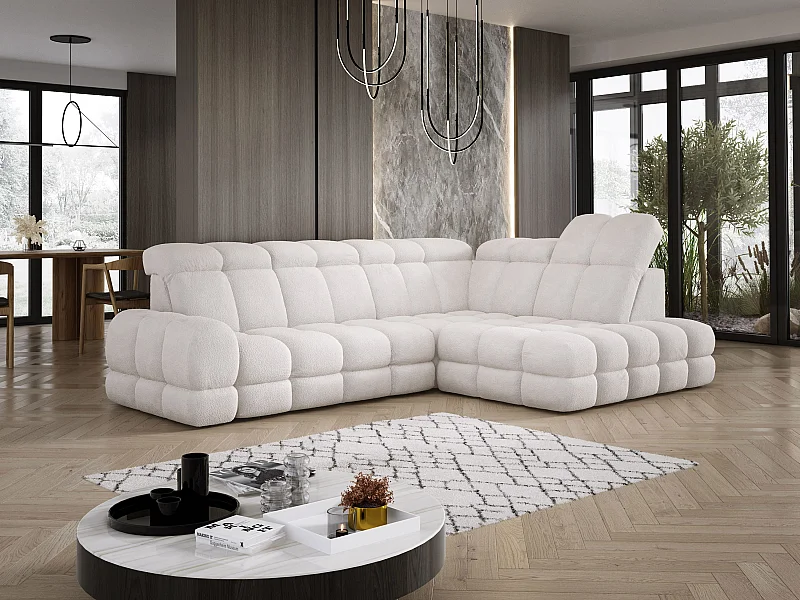 Ecksofa Tollo Weiß Anthology-Stoff Rechts 302x217x105 cm, L-Form mit Schlaffunktion, Bettkasten 120x85x17 cm, Elektrisch Verstellbar