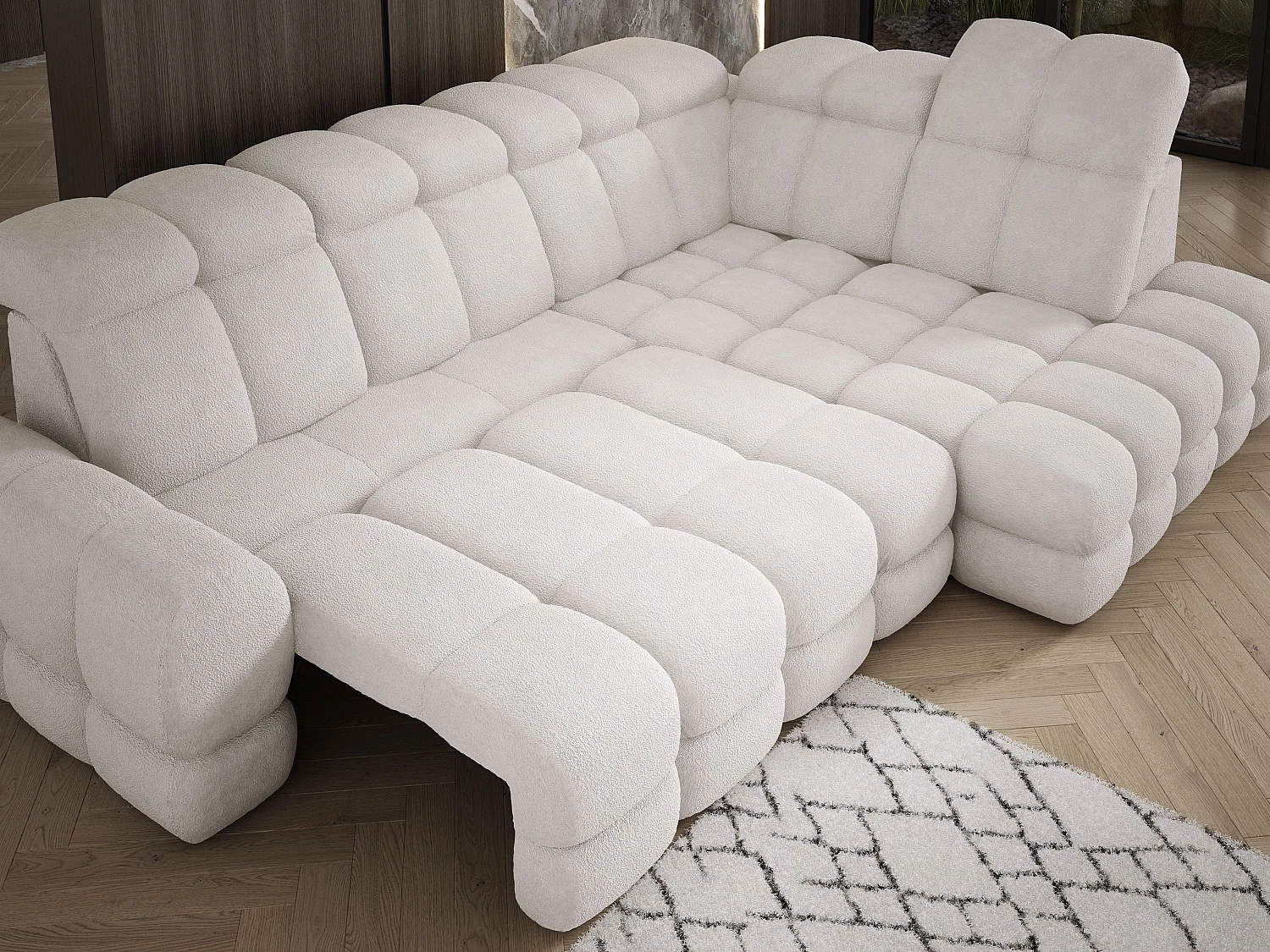 Canapé d'angle Tollo Blanc tissu Anthology côté droit 302x217x105 cm, forme L, convertible, coffre 120x85x17 cm, réglable électriquement