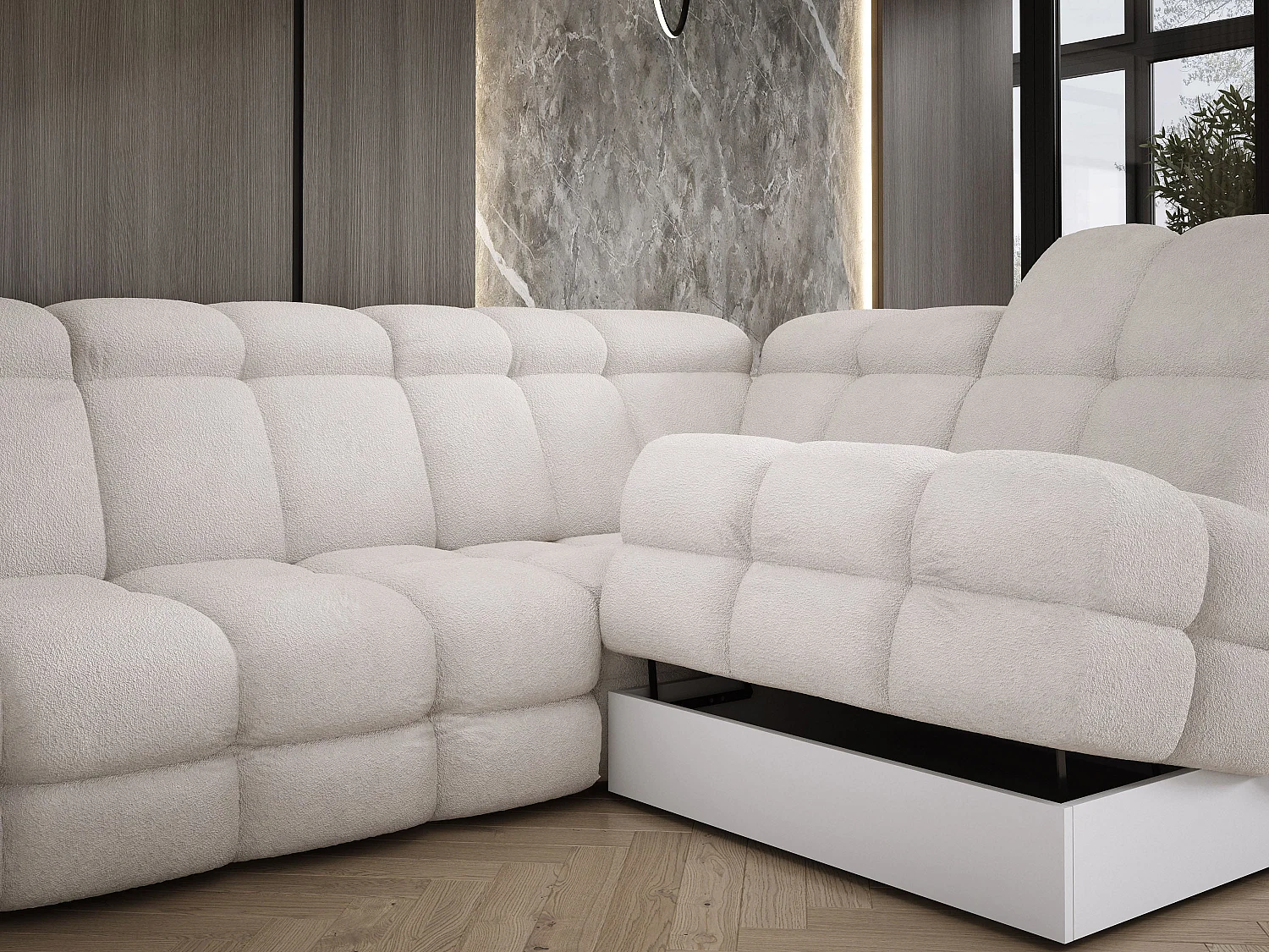 Canapé d'angle Tollo Blanc tissu Anthology côté droit 302x217x105 cm, forme L, convertible, coffre 120x85x17 cm, réglable électriquement