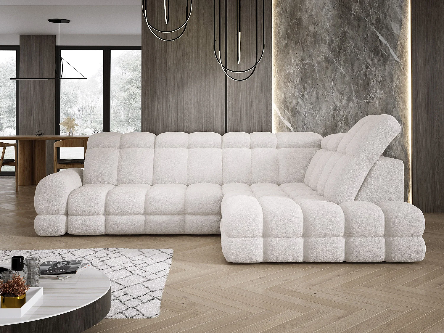 Canapé d'angle Tollo Blanc tissu Anthology côté droit 302x217x105 cm, forme L, convertible, coffre 120x85x17 cm, réglable électriquement