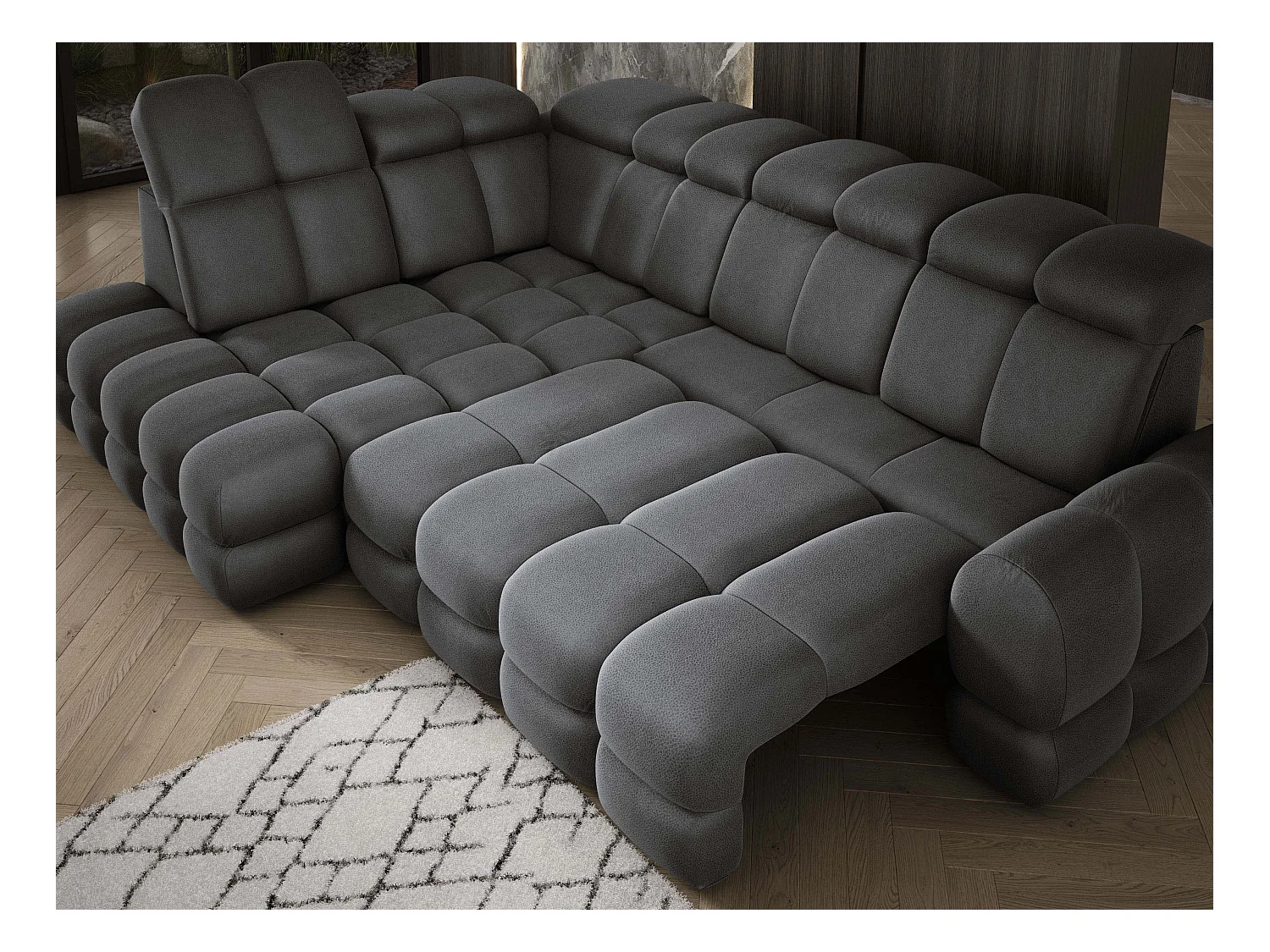 Canapé d'angle Tollo Gris tissu Solar côté gauche 302x217x105 cm, forme L, convertible, coffre 120x85x17 cm, réglage électrique