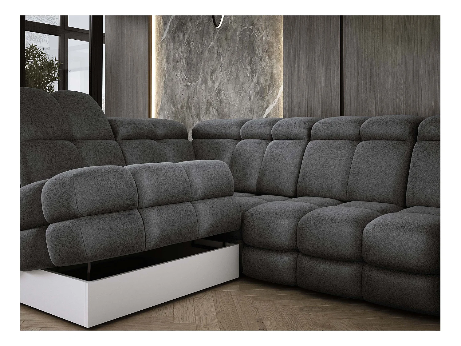 Canapé d'angle Tollo Gris tissu Solar côté gauche 302x217x105 cm, forme L, convertible, coffre 120x85x17 cm, réglage électrique