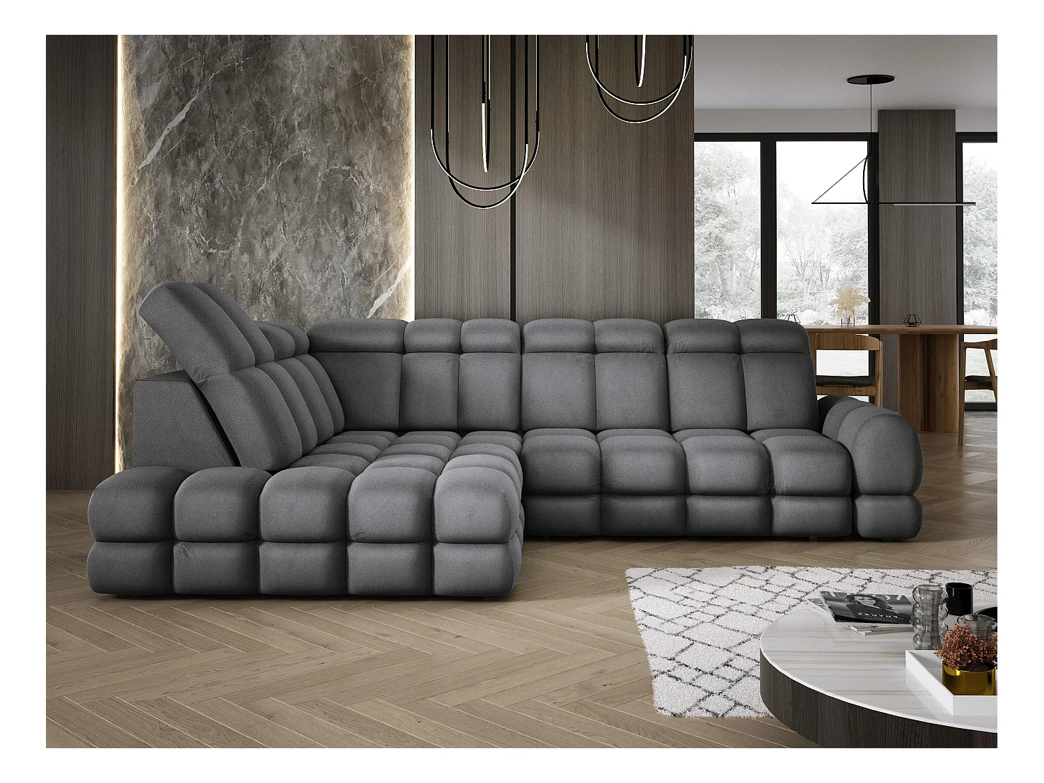 Canapé d'angle Tollo Gris tissu Solar côté gauche 302x217x105 cm, forme L, convertible, coffre 120x85x17 cm, réglage électrique